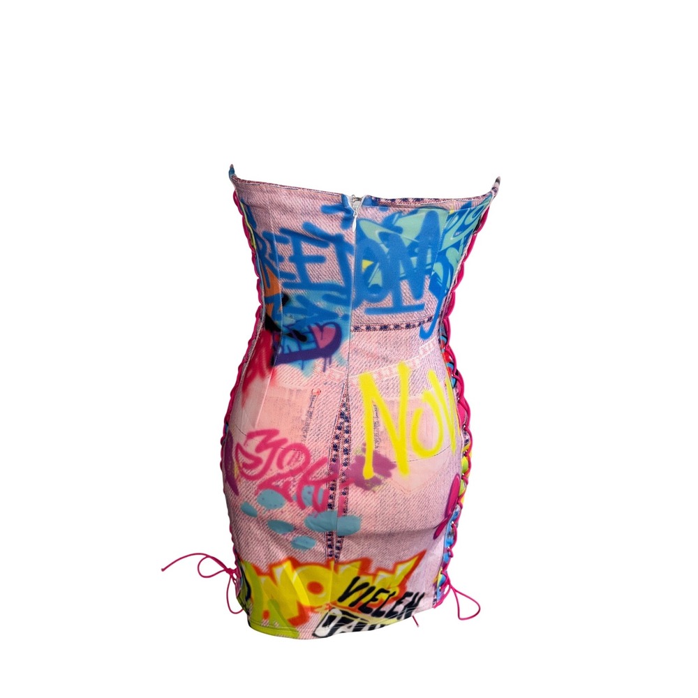 Fashion Nova Hot Pink Neon Graffiti Print LaceUp Mini Tube Dress Y2K HipHop Med - Picture 3 of 6
